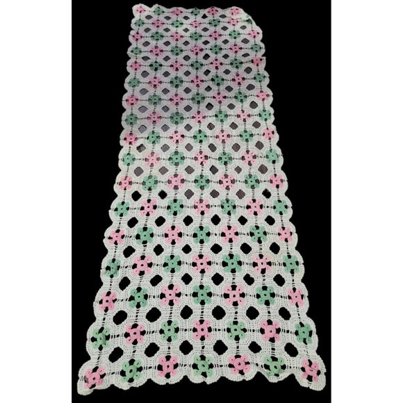 Filet Crochet Cotton  Table Runner Dresser Scarf Pink Green White 17x48in Vtg - Picture 1 of 3